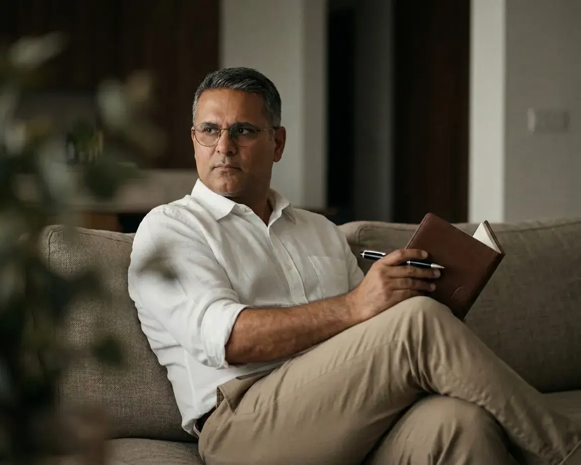 Aniss Ali sentado num sofá com um caderno