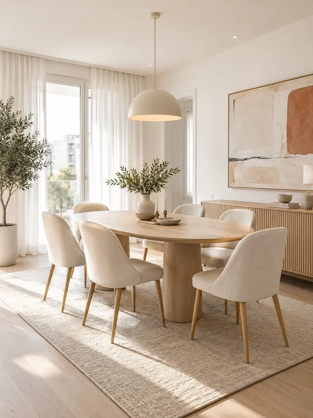 Zona de jantar contemporânea, neutra e preparada para venda