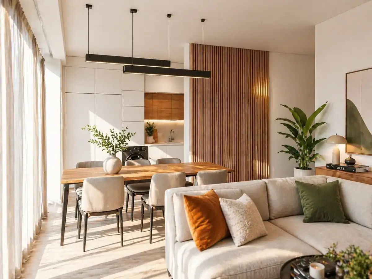 Sala e cozinha de apartamento no Laranjeyras Residence